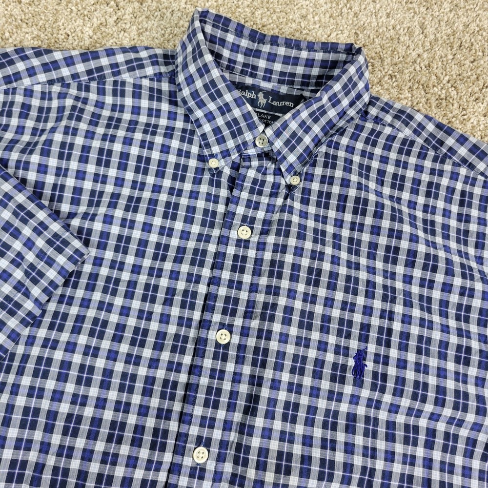Vintage Ralph Lauren Blake Mens Large Blue Plaid Pony Button Down‎ Short Sleeve